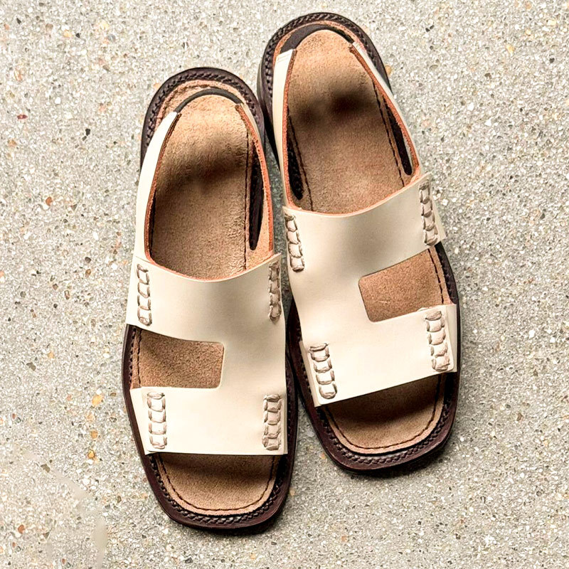 Sheepskin version niche genuine leather open-toe retro sandals for women's summer thick sole square toe beach sandals for women